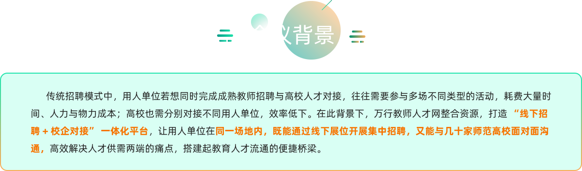 传统招聘模式中，用人单位若想同时完成成熟教师招聘与高校人才对接，往往需要参与多场不同类型的活动，耗费大量时
间、人力与物力成本；高校也需分别对接不同用人单位，效率低下。在此背景下，万行教师人才网整合资源，打造“线下招
聘+校企对接”一体化平台，让用人单位在同一场地内，既能通过线下展位开展集中招聘，又能与几十家师范高校面对面沟
通，高效解决人才供需两端的痛点，搭建起教育人才流通的便捷桥梁。