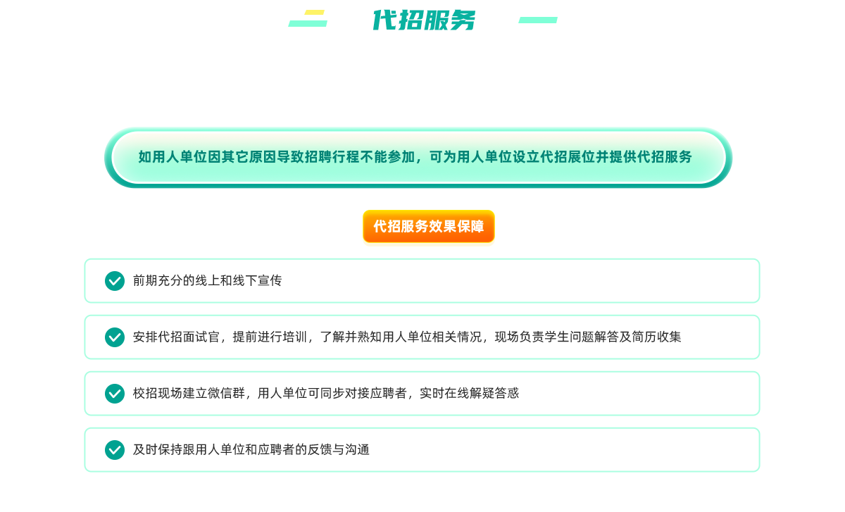 如用人单位因其它原因导致招聘行程不能参加，可为用人单位设立代招展位并提供代招服务
              代招服务效果保障
              前期充分的线上和线下宣传
              安排代招面试官，提前进行培训，了解并熟知用人单位相关情况，现场负责学生问题解答及简历收集校招现场建立微信群，用人单位可同步对接应聘者，实时在线解疑答惑
              及时保持跟用人单位和应聘者的反馈与沟通