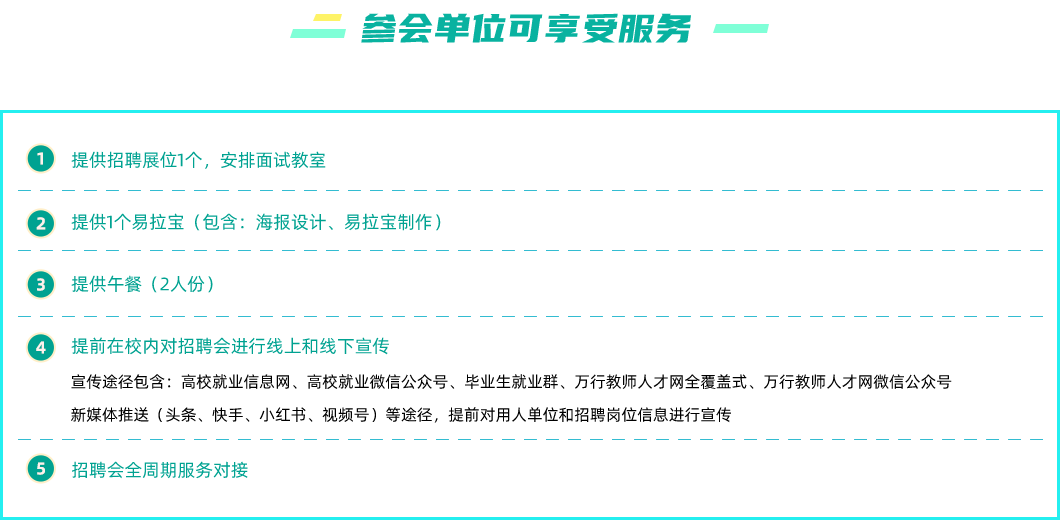 提供招聘展位1个，安排面试教室
      提供1个易拉宝(包含:海报设计、易拉宝制作及招聘会现场安装)
      提供午餐(2人份)
      提前在校内对招聘会进行线上和线下宣传
      宣传途径包含:高校就业信息网、高校就业微信公众号、毕业生就业群、万行教师人才网全覆盖式、万行教师人才网微信公众号、新媒体推送(头条、快手、小红书、视频号)等途径，提前对用人单位和招聘岗位信息进行宣传
      招聘会全周期服务对接