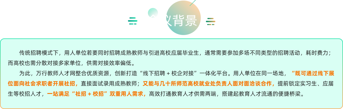 传统招聘模式下，用人单位若要同时招聘成熟教师与引进高校应届毕业生，通常需要参加多场不同类型的招聘活动，耗时费力;高校也需分散对接多家单位，供需对接效率偏低。
为此，万行教师人才网整合优质资源，创新打造“线下招聘+校企对接”一体化平台。用人单位在同一场地，既可通过线下展面向社会求职者开展社招，直接面试录用成熟教师;又能与几十所师范高校就业处负责人面对面治谈合作，提前锁定实习生、应届等校招人才，一站满足“社招+校招”双重用人需求，高效打通教育人才供需两端，搭建起教育人才流通的便捷桥梁。